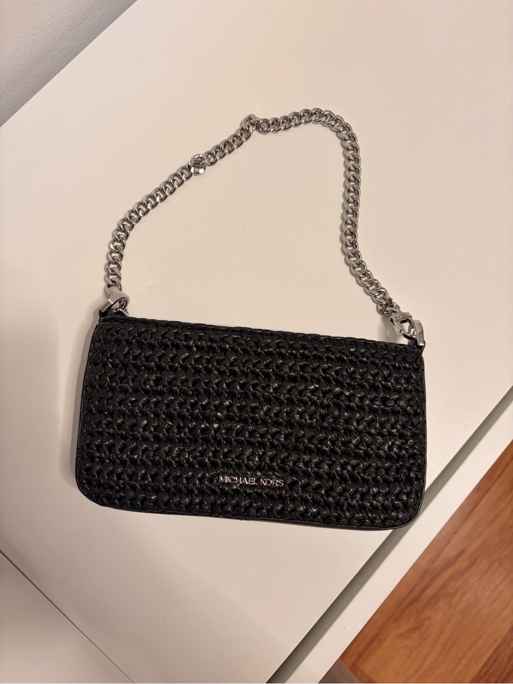 Michael Kors Black Woven Shoulder Bag with Silver Chain